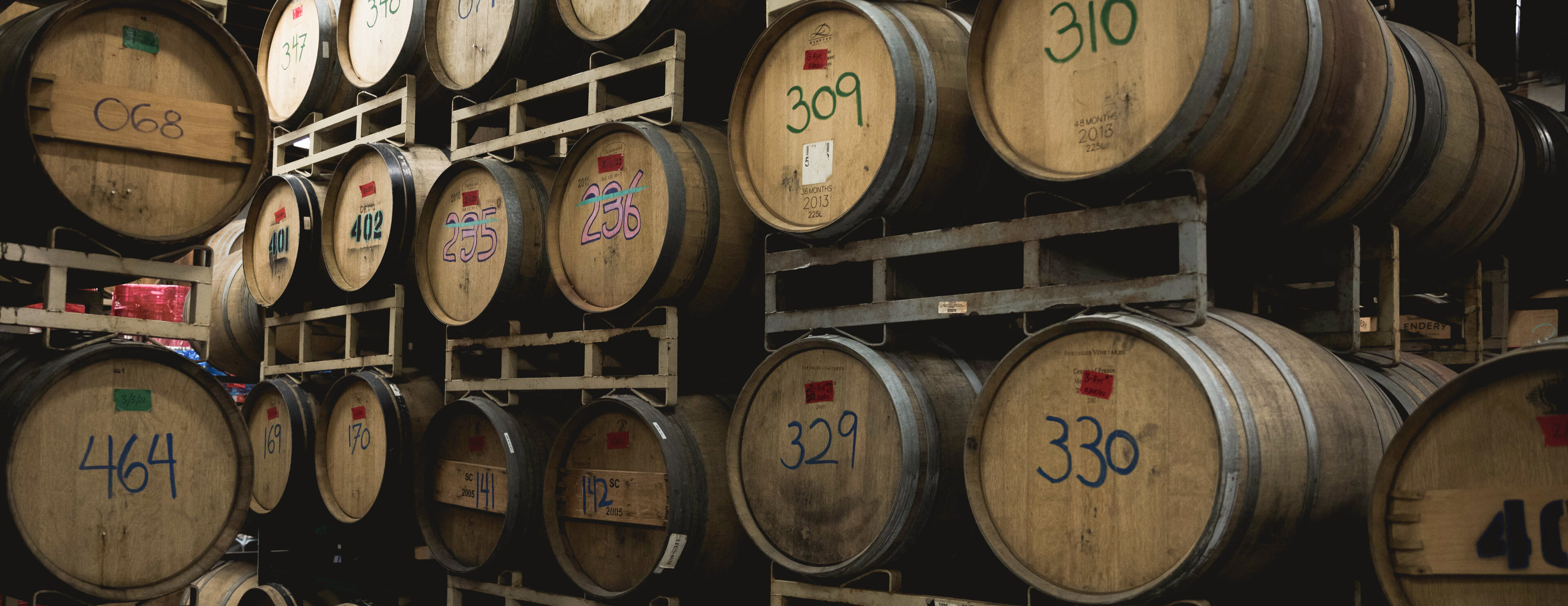 Oak barrels aging in the Beachwood Blendery barrel room: Belgian-style sour barrel-aged beer