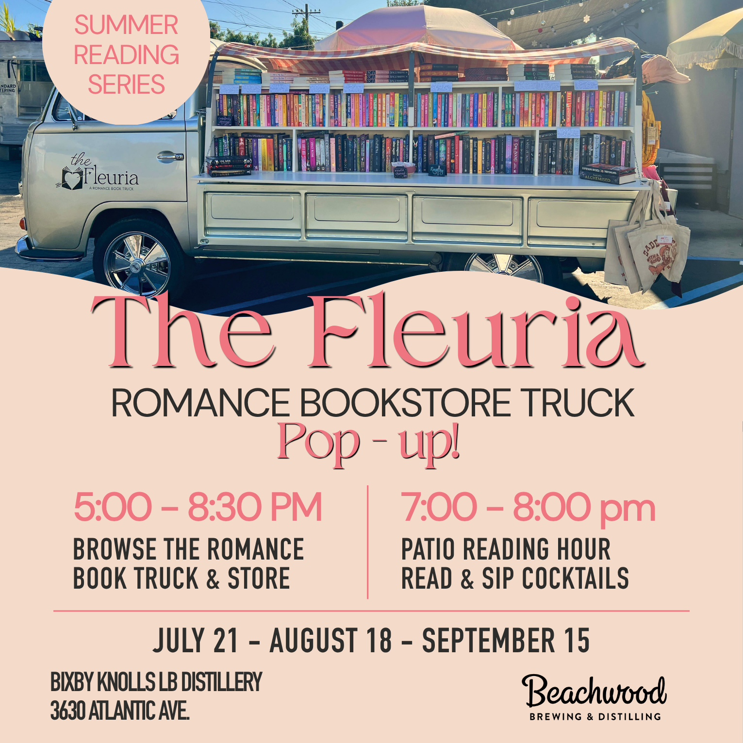 The Fleuria Romance Bookstore Truck Pop-up at at Beachwood Distilling 🍹 Bixby Knolls Long Beach
